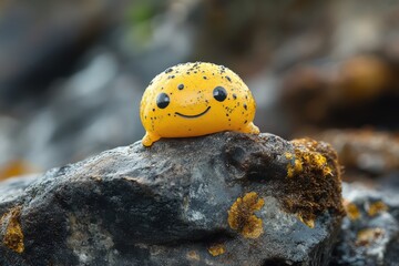 A cute and cheerful yellow blobfish sits atop a rock, showcasing its unique, round form with a happy expression in its natural habitat by the sea