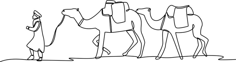 Camels in desert one line art vector