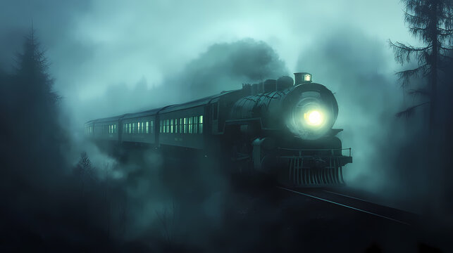 Haunted ghost train in foggy forest at night with spooky spirits and eerie atmosphere - halloween haunted rail journey. Shadowy Forest Spirits. Illustration