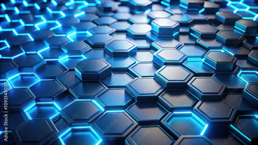 Poster abstract hexagonal pattern with glowing blue lines and dark blue background