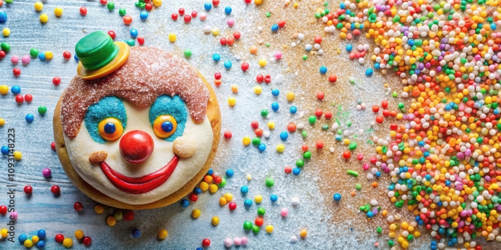 Poster a playful pastry with a whimsical clown face surrounded by colorful sprinkles and powdered sugar.