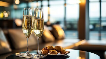 Luxurious Airport Lounge Offering Gourmet Bites and Champagne to Weary Travelers