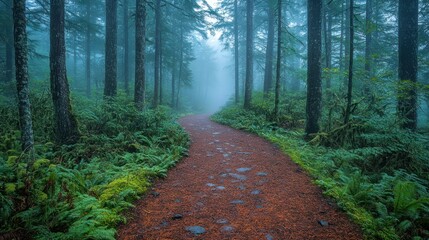Obraz premium Misty Forest Path: A Serene Woodland Walk