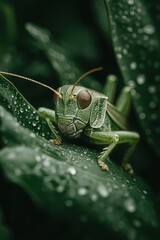 Fototapeta premium glitch, Large grasshopper grasshopper sitting on green leaf. , isolated on white background, , copy space, copy space for text,