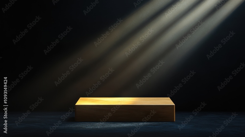 Poster minimalistic wooden platform illuminated by soft rays of light in a dark setting, creating a serene 