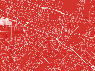 Christmas Map of Munchen Zentrum, Germany in Snowy White on Festive Red Background.