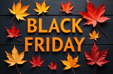 Colorful autumn leaves surround Black Friday text on a dark wooden background