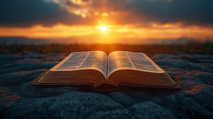  Open Bible on a rocky surface illuminated by warm sunrise tones. Ideal for faith, spirituality, and religious themes. Deep orange, blue, and golden hues