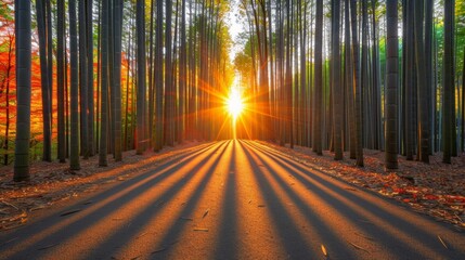 Fototapeta premium Golden sunset illuminates bamboo forest path nature scene tranquil environment serene viewpoint peaceful concept for relaxation