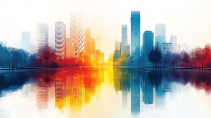 Obraz premium Modern cityscape with skyscrapers and trees reflected in a water surface, featuring a vibrant gradient of red, yellow, and blue tones blending together