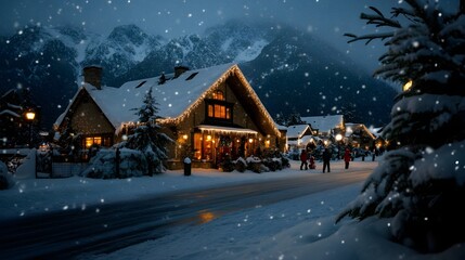 Cozy winter village scene at night, snow falling softly on charming houses.