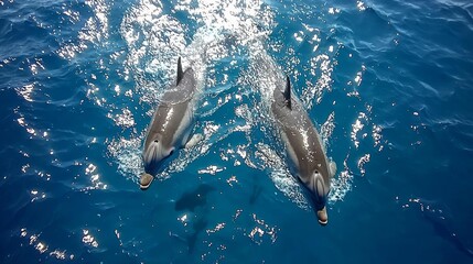 Fototapeta premium Dolphins swimming near the ship in the sea in the strait of Gibraltar