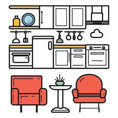 house furniture flat icon vector bundle set, Outline furniture flat icon vector set, interior room furniture flat icon