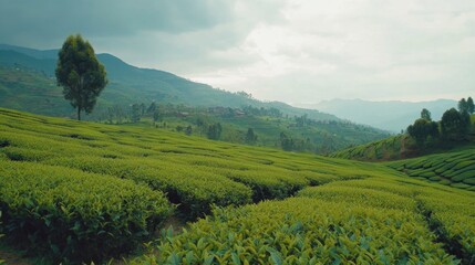 Fototapeta premium Lush Green Tea Plantations Covering Rolling Hills Under Dramatic Clouds in a Tranquil Landscape, Showcasing Nature's Beauty and Agriculture's Harmony