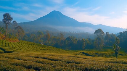 Fototapeta premium Majestic Mountain Overlooking Lush Tea Fields in Early Morning Light, Creating a Breathtaking Landscape Surrounded by Serenity and Nature's Beauty