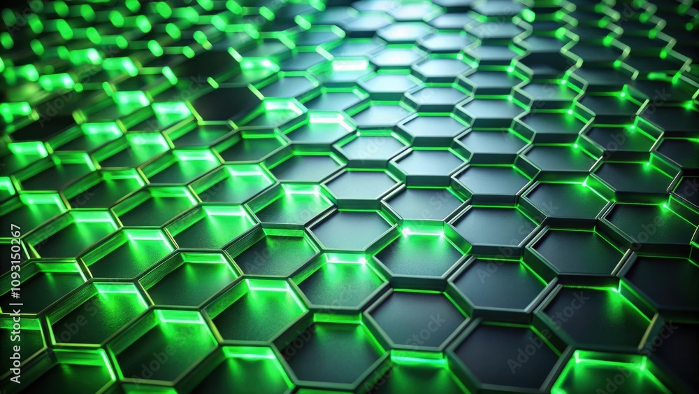 Poster abstract geometric pattern of green neon hexagon cells with a subtle dark metallic finish