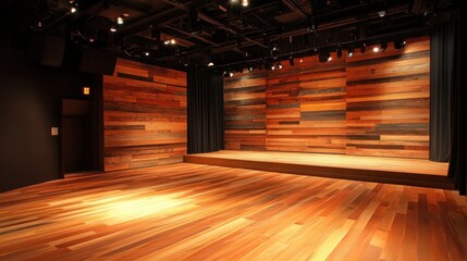 Modern Photography Studio Interior with Warm Wooden Walls and Floor, Perfect for Creative Projects, Presentations, and Artistic Events