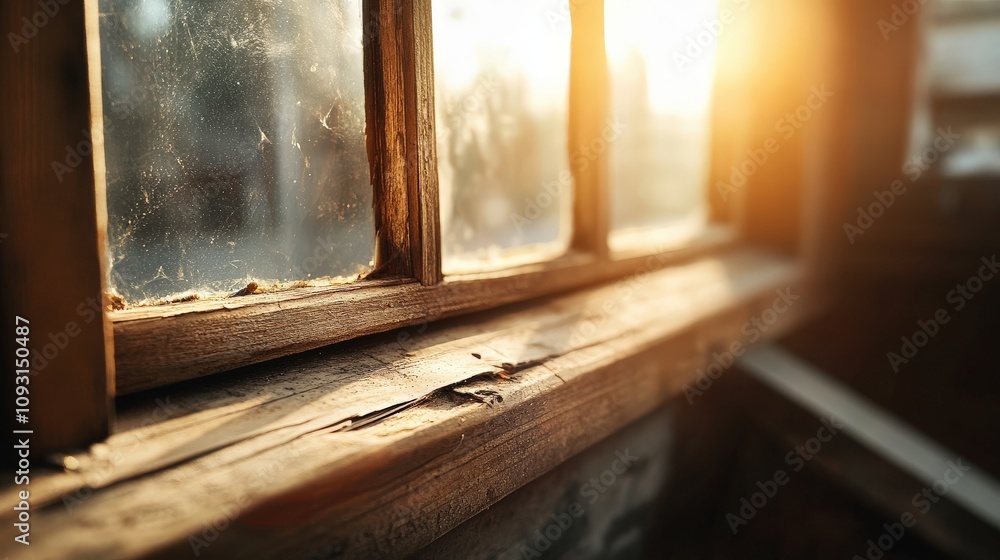 Poster beautiful morning light streaming through dusty windowpanes in an old rustic cabin, creating a warm 