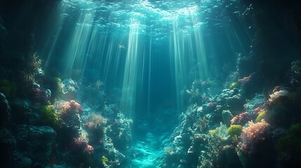 Fototapeta premium Submerged ocean world with radiant sunbeams piercing through deep blue water
