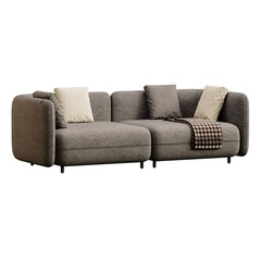 A gray couch with a brown blanket draped over it
