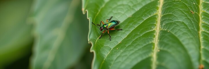 Naklejka premium Small insect with metallic green body resting on a large leaf, peaceful, out door, leaf