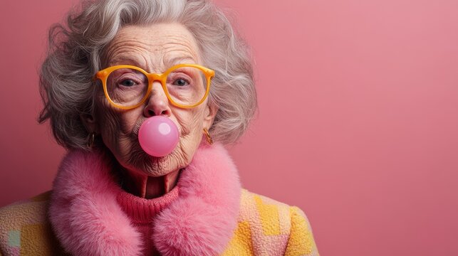 An older woman in a pink coat and yellow glasses blowing bubbles. Concept of whimsy and playfulness, as the woman is engaging in a fun activity that is typically associated with children