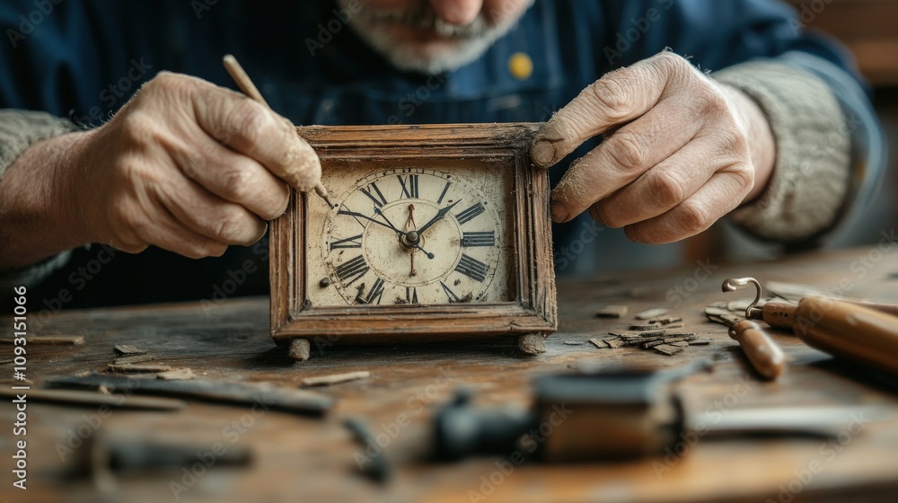 Poster craftsman restoring antique clock with precision tools in rustic workshop showing passion and expert