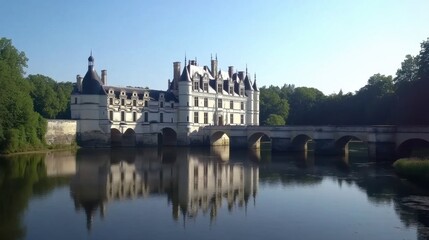 Serene Reflection of a Historic French Chateau Surrounded by Lush Greenery and Calm Waters Under a Clear Blue Sky