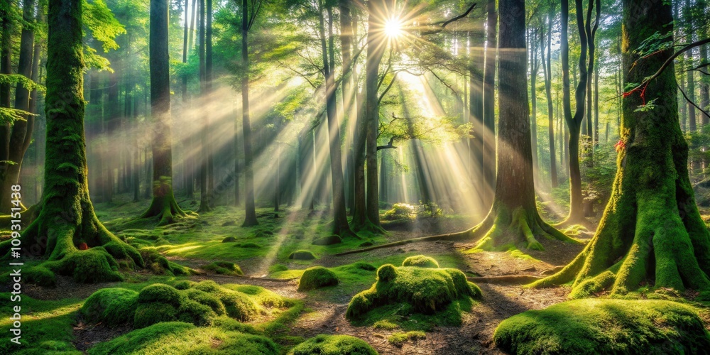 Poster sunbeams penetrate the dense canopy of a verdant forest, illuminating the mossy ground and creating 
