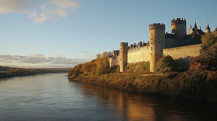 Majestic Medieval Castle Overlooking the Serene River at Sunset with Autumn Foliage Emphasizing the Beauty of a Historic Landmark in France