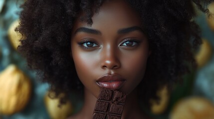 Fototapeta premium Woman with afro hairstyle holding chocolate slab