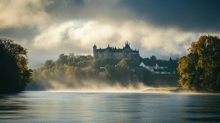 Fototapeta premium Serene Morning Landscape with Mist Rising Over Calm River and Majestic Castle Surrounded by Lush Green Trees Under Dramatic Cloudy Sky
