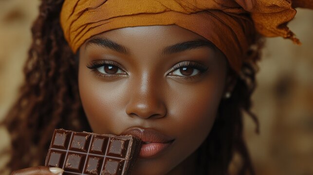 Woman in orange headscarf enjoys chocolate bar.