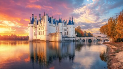 Obraz premium Serene Sunset Over a Medieval Castle Surrounded by Tranquil Water and Lush Trees, Reflecting Vibrant Skies in a Picturesque Landscape Setting