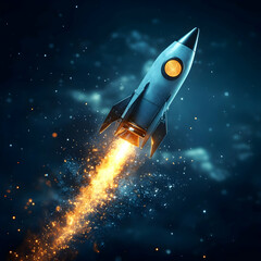 3D Illustration Rocket Launch Night Sky Fire Sparks