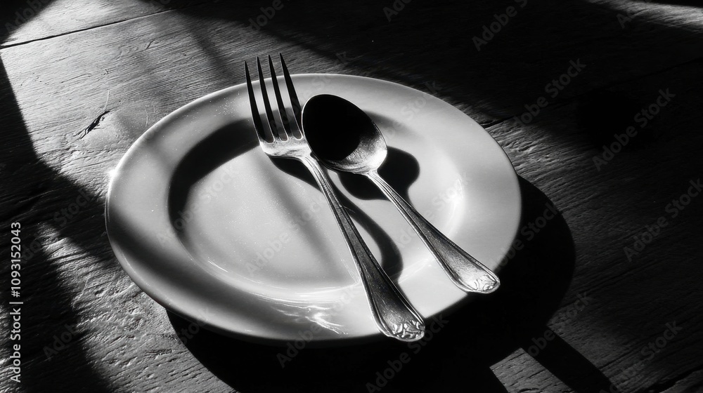 Poster elegant silverware on a round white plate with soft shadows in a minimalist black and white setting 