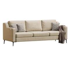 A white couch with pillows and a blanket on it