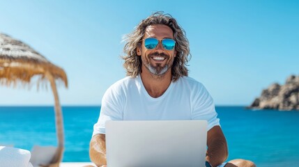 Man with a laptop is sitting on a beach with a blue umbrella. He is smiling and wearing sunglasses