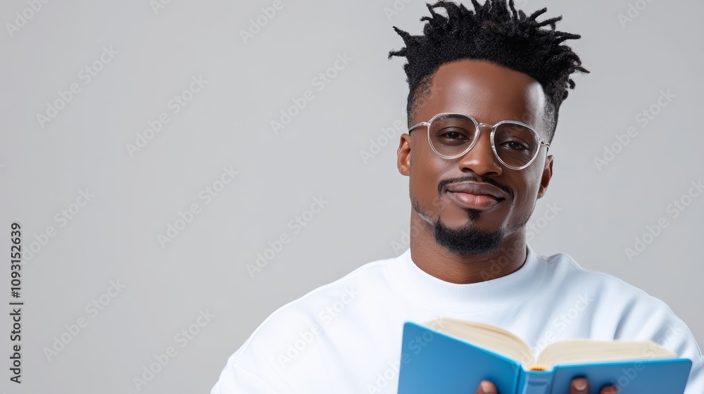 Poster man with glasses is reading a book. he is smiling and he is enjoying the book