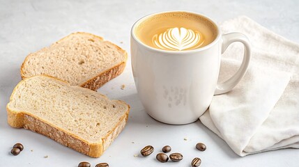 Cozy Flat lay of a Coffee Setup with Whole grain Bread Slices and Linen Napkin