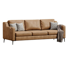A brown leather couch with pillows and a blanket on it