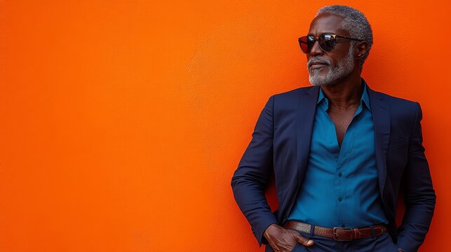 Man in a blue suit and sunglasses stands in front of an orange wall. He is confident and self-assured