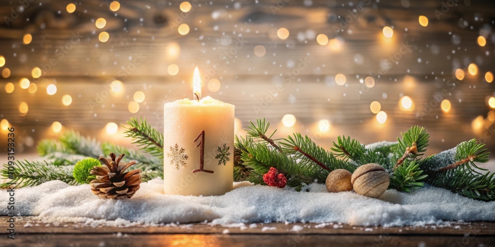 Poster a festive christmas candle with pine branches and snow against a blurred background of sparkling lig