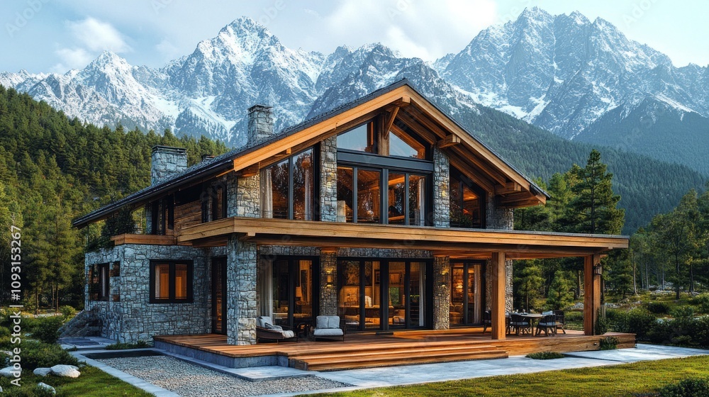 Wall mural Mountaintop Chalet: A Luxurious Stone and Wood Home