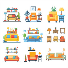 house furniture flat icon vector bundle set, Outline furniture flat icon vector set, interior room furniture flat icon