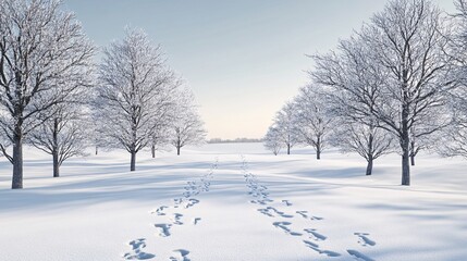 Fototapeta premium Serene Winter Landscape with Snow-Covered Field and Bare Trees | Simple Design with Negative Space for Copy | High-Resolution 3D Render
