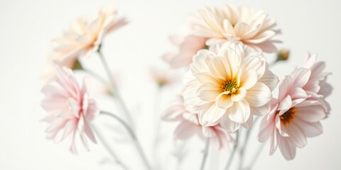 Soft focus painting of flowers in pastel colors against a crisp white background, with subtle texture and depth added to the blooms, nature, floral arrangement, soft focus