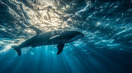 Naklejka premium Sunlight penetrating deep blue water creating a serene underwater view