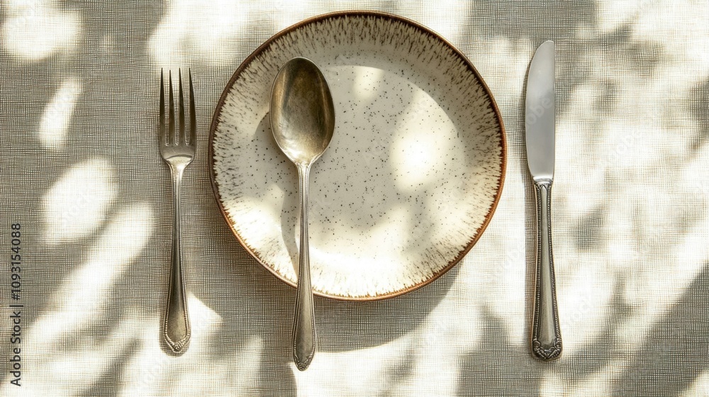 Poster elegant table setting with fork, knife, spoon, and a simple plate surrounded by soft shadows for a m