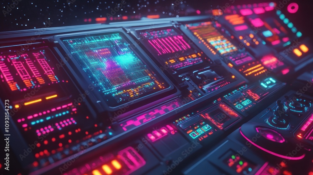 Poster Futuristic Control Panel With Neon Lights And Data Streams